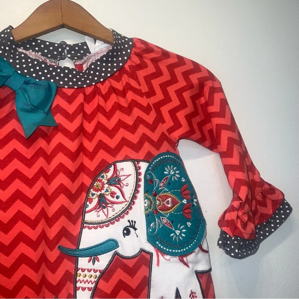 Counting Daisies Girls Orange Teal Long Sleeve Elephant Embroidered Dress Sz 4